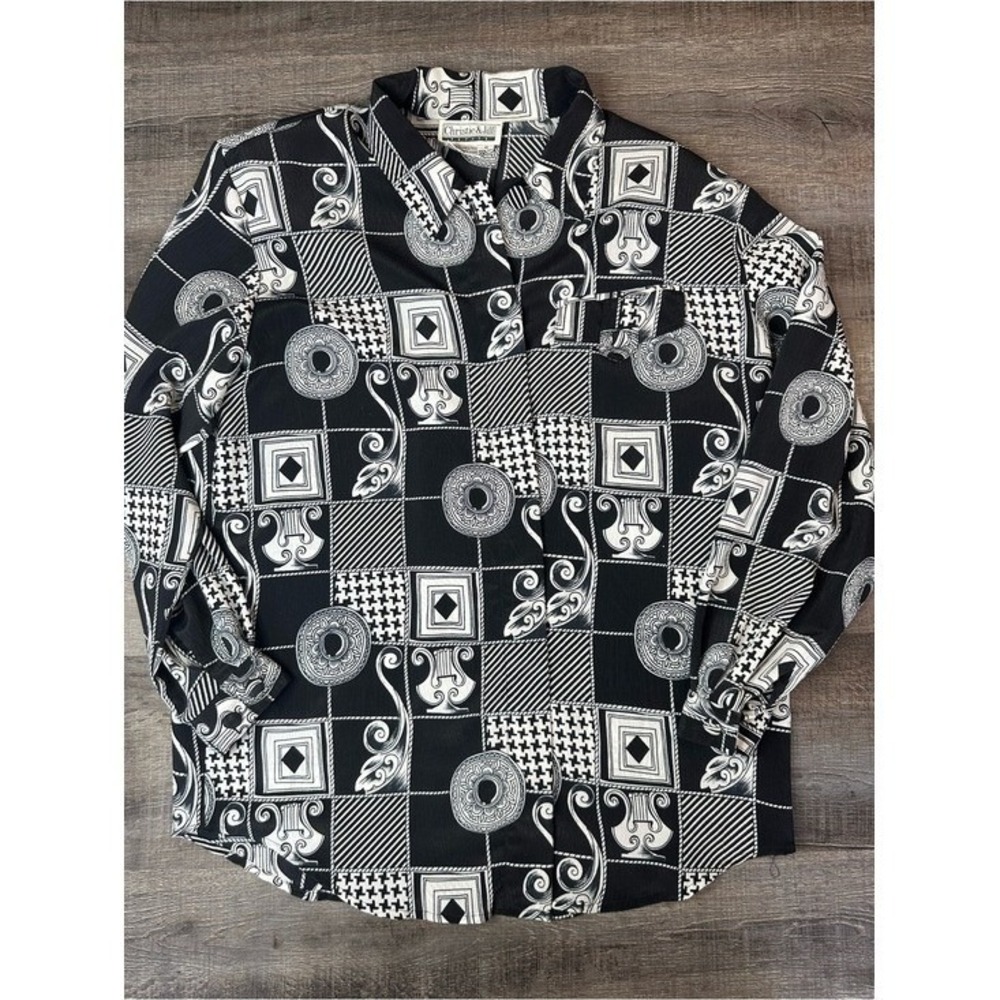 Vintage Christie & Jill Petite Black White Geometric Print Button Down Shirt S